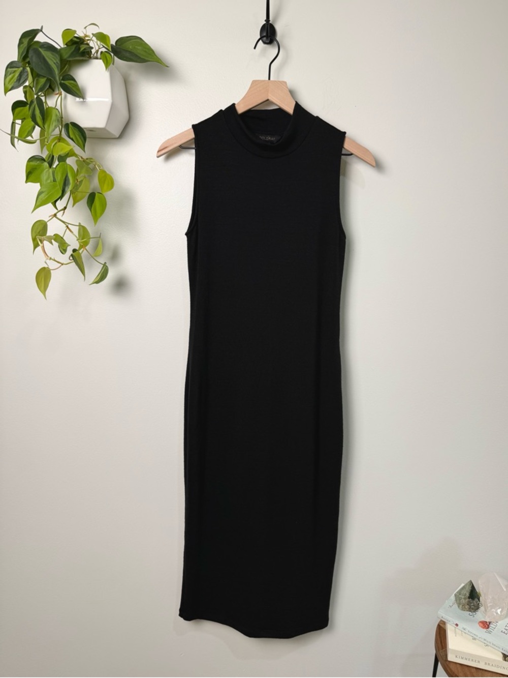Goldray Honor Knit Midi Dress Black Mock Neck Sleeveless Minimalist Fitted S